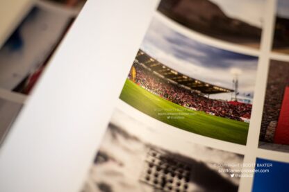 A photograph of a collage of various areas of Pittodrie Stadium in Aberdeen Scotland.
