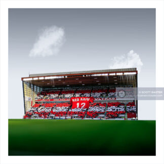 A photograph of Aberdeen Football Club - Pittodrie Stadium by Aberdeen photographer Scott Cameron Baxter. The image is taken from the merkland road end, towards the Richard Donald Stand. The brass is green and the stand is full with supporters holding a RED ARMY banner shaped like a t-shirt. it is red. the fans have mixed red and white paper qurares all aroudn the stand. There are two clouds above the stand and the sky is gray.
